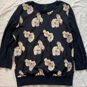 Ann Taylor Mixed Media Sweater Navy with Flowers